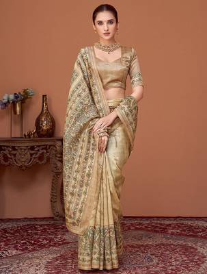 Beige kalamkari printed embroidered banarasi saree with matching blouse 1