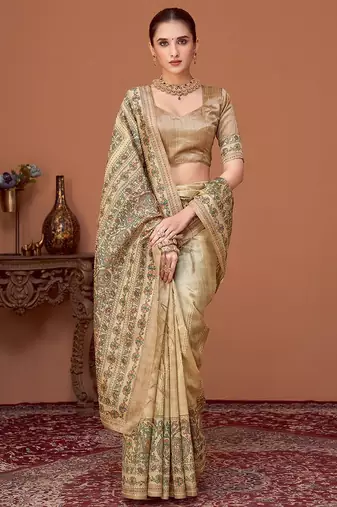 Beige kalamkari printed embroidered banarasi saree with matching blouse