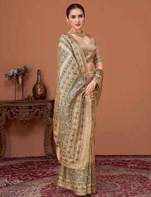 Beige kalamkari printed embroidered banarasi saree with matching blouse 2