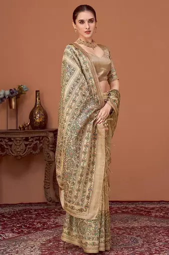 Beige kalamkari printed embroidered banarasi saree with matching blouse