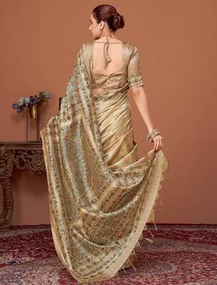 Beige kalamkari printed embroidered banarasi saree with matching blouse 3