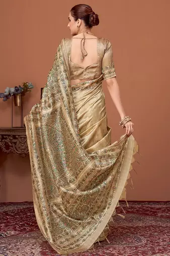Beige kalamkari printed embroidered banarasi saree with matching blouse
