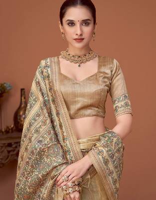 Beige kalamkari printed embroidered banarasi saree with matching blouse 4
