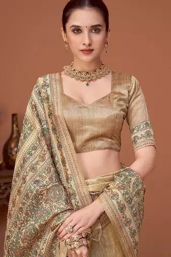 Beige kalamkari printed embroidered banarasi saree with matching blouse