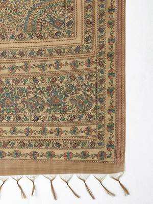 Beige kalamkari printed embroidered banarasi saree with matching blouse 5
