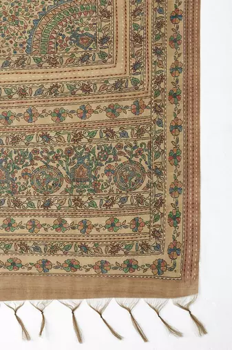 Beige kalamkari printed embroidered banarasi saree with matching blouse