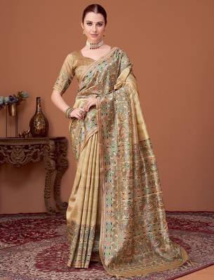 Beige kalamkari printed kantha work banarasi silk cotton designer saree 1