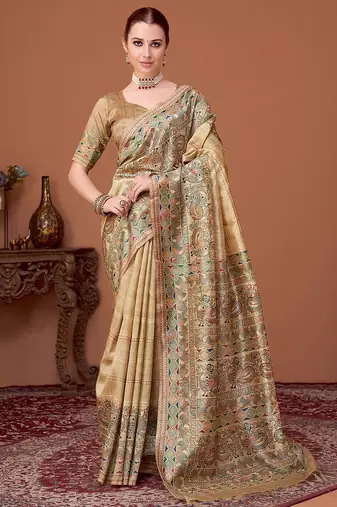 Beige kalamkari printed kantha work banarasi silk cotton designer saree