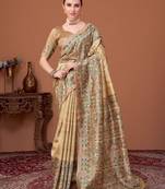 Beige kalamkari printed kantha work banarasi silk cotton designer saree