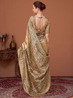Beige kalamkari printed kantha work banarasi silk cotton designer saree 2