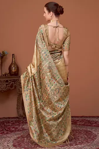 Beige kalamkari printed kantha work banarasi silk cotton designer saree