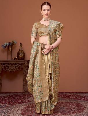 Beige kalamkari printed kantha work banarasi silk cotton designer saree 3