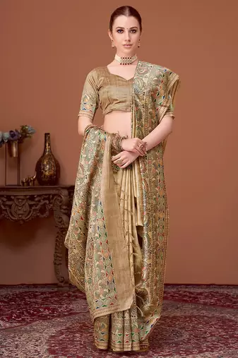 Beige kalamkari printed kantha work banarasi silk cotton designer saree