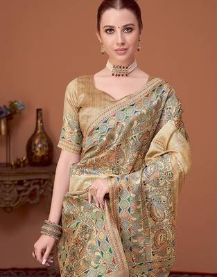 Beige kalamkari printed kantha work banarasi silk cotton designer saree 4