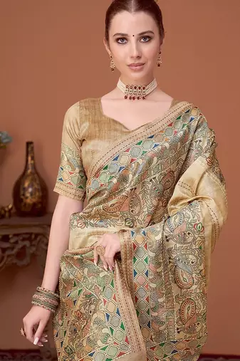 Beige kalamkari printed kantha work banarasi silk cotton designer saree