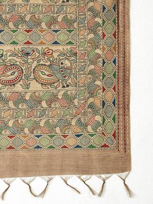 Beige kalamkari printed kantha work banarasi silk cotton designer saree 5