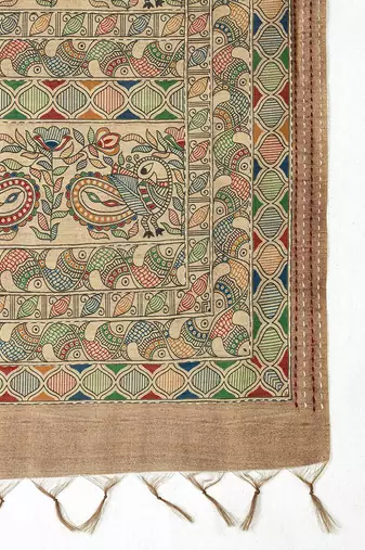 Beige kalamkari printed kantha work banarasi silk cotton designer saree