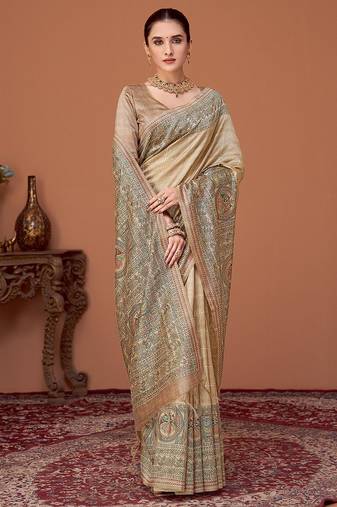 Beige kalamkari print kantha work banarasi saree