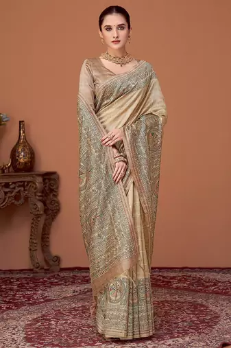 Beige kalamkari print kantha work banarasi saree