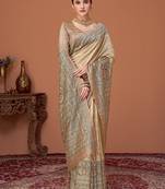 Beige kalamkari print kantha work banarasi saree