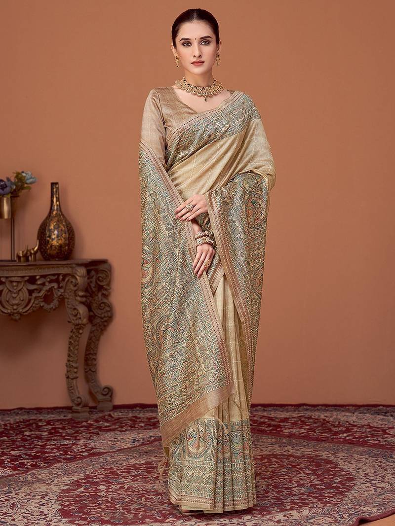 Beige kalamkari print kantha work banarasi saree