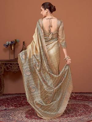 Beige kalamkari print kantha work banarasi saree 2