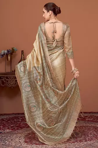 Beige kalamkari print kantha work banarasi saree