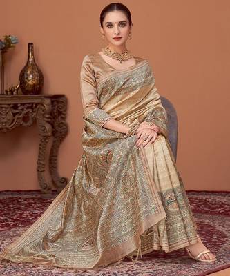 Beige kalamkari print kantha work banarasi saree 3