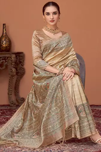Beige kalamkari print kantha work banarasi saree