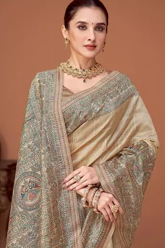 Beige kalamkari print kantha work banarasi saree