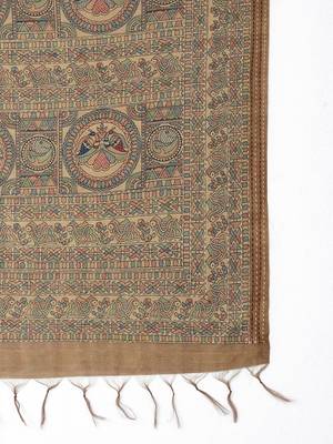 Beige kalamkari print kantha work banarasi saree 5