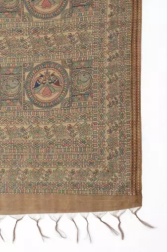 Beige kalamkari print kantha work banarasi saree