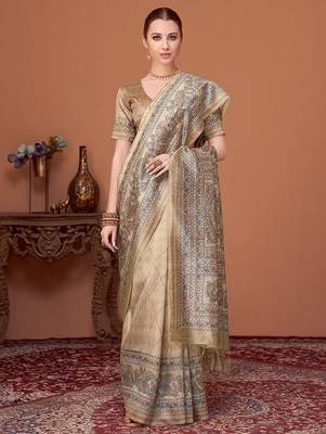 Beige women kalamkari printed kantha work silk cotton banarasi saree 1