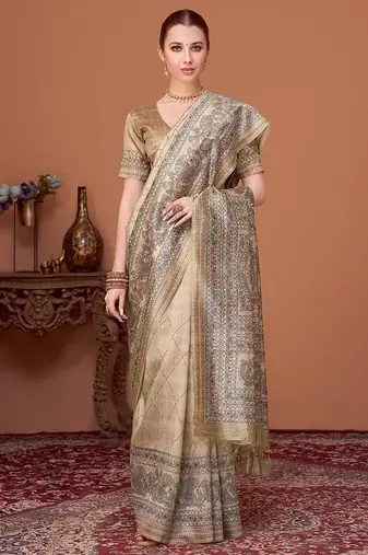 Beige women kalamkari printed kantha work silk cotton banarasi saree