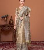 Beige women kalamkari printed kantha work silk cotton banarasi saree
