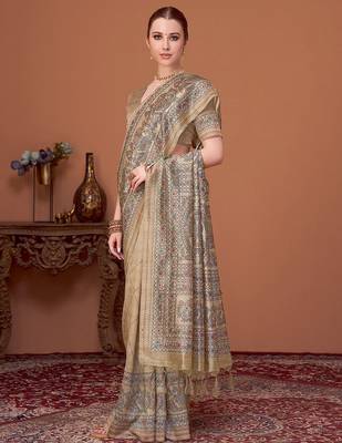 Beige women kalamkari printed kantha work silk cotton banarasi saree 2