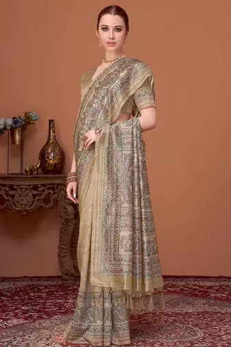 Beige women kalamkari printed kantha work silk cotton banarasi saree