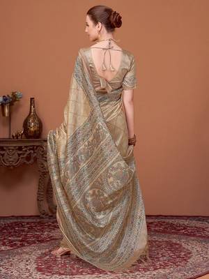 Beige women kalamkari printed kantha work silk cotton banarasi saree 3