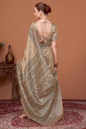 Beige women kalamkari printed kantha work silk cotton banarasi saree