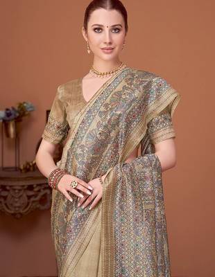 Beige women kalamkari printed kantha work silk cotton banarasi saree 4
