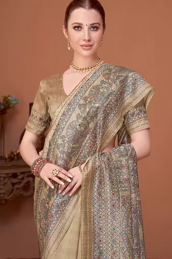 Beige women kalamkari printed kantha work silk cotton banarasi saree