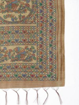 Beige women kalamkari printed kantha work silk cotton banarasi saree 5