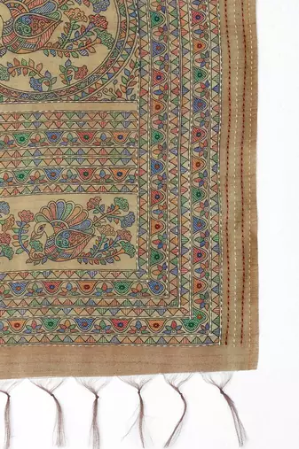 Beige women kalamkari printed kantha work silk cotton banarasi saree
