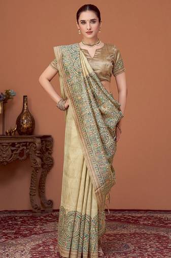 Beige kalamkari printed kantha work tussar saree with matching blouse