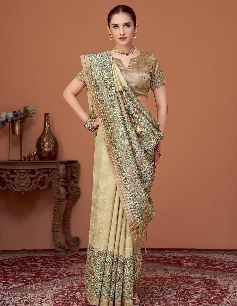 Beige kalamkari printed kantha work tussar saree with matching blouse