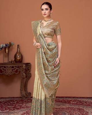 Beige kalamkari printed kantha work tussar saree with matching blouse 2