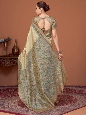 Beige kalamkari printed kantha work tussar saree with matching blouse 3