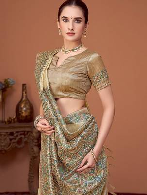 Beige kalamkari printed kantha work tussar saree with matching blouse 4