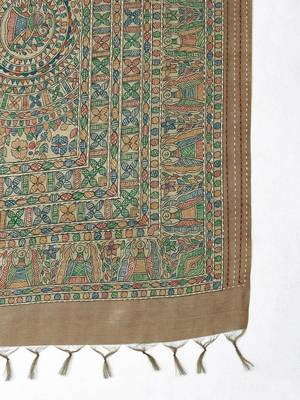 Beige kalamkari printed kantha work tussar saree with matching blouse 5