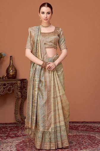 Beige kalamkari printed embroidered banarasi saree